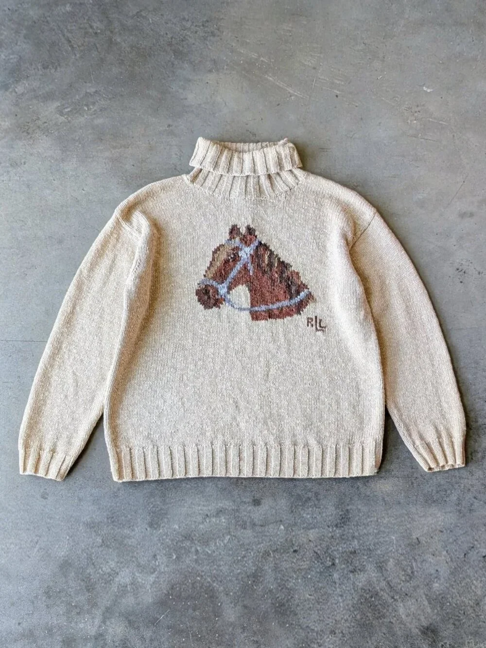 Ralph Lauren Horse Equestrian Intarsia Knit Tan Linen Turtleneck Sweater medium - Picture 10 of 10